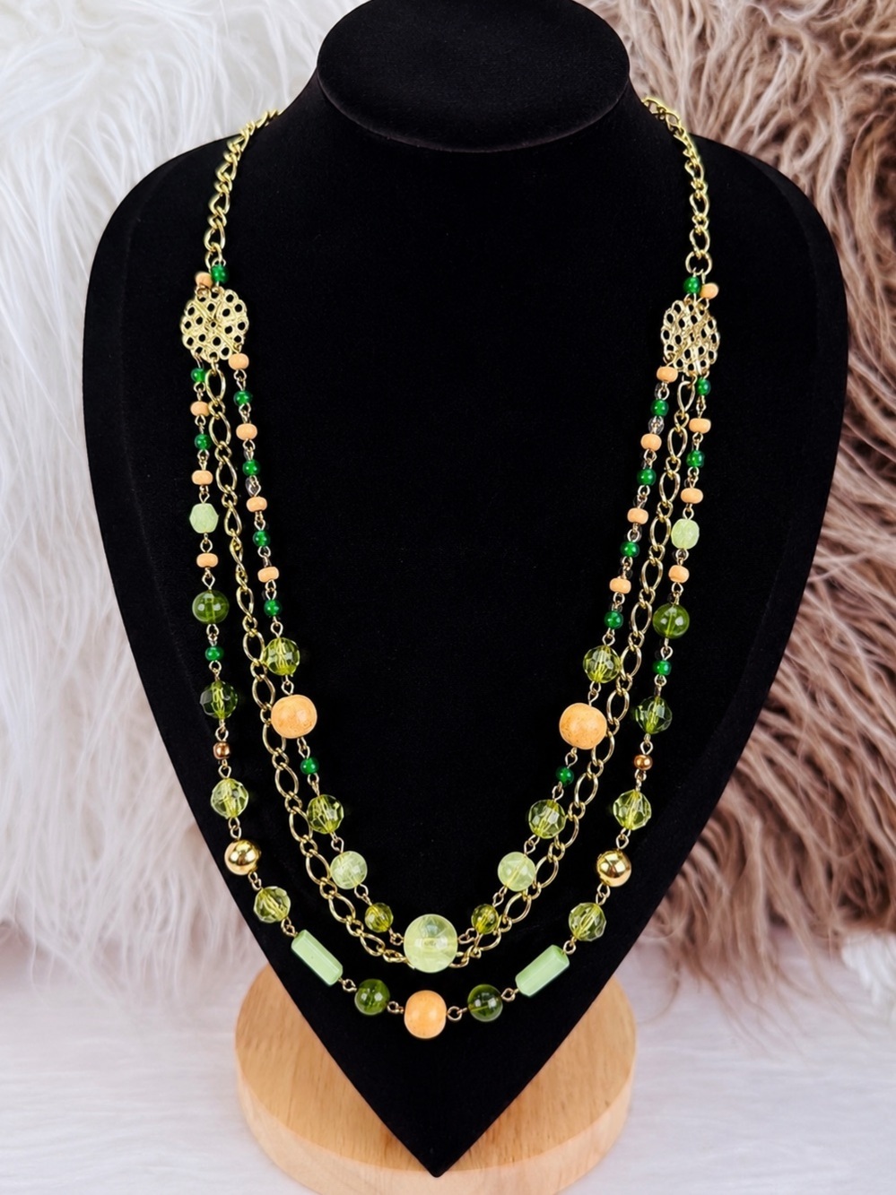 Goldtone, green beaded lightweight multi strand, layering necklace